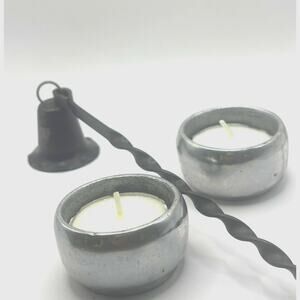 Two Pewter Votive Candle Holders &  Black Candle Snuffer
